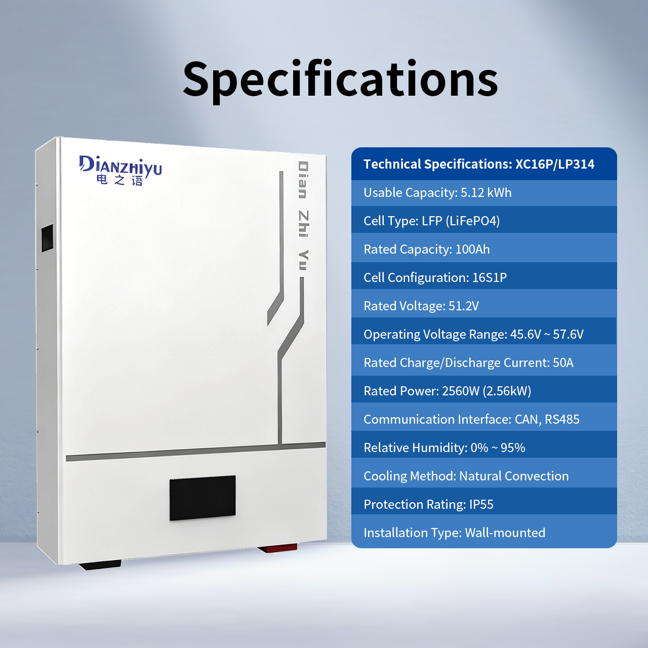 LiFePO4 51.2V 5.12kWh All-In-One Hybrid Grid Compatible CAN Communication Battery Pack for Home Energy Storage System