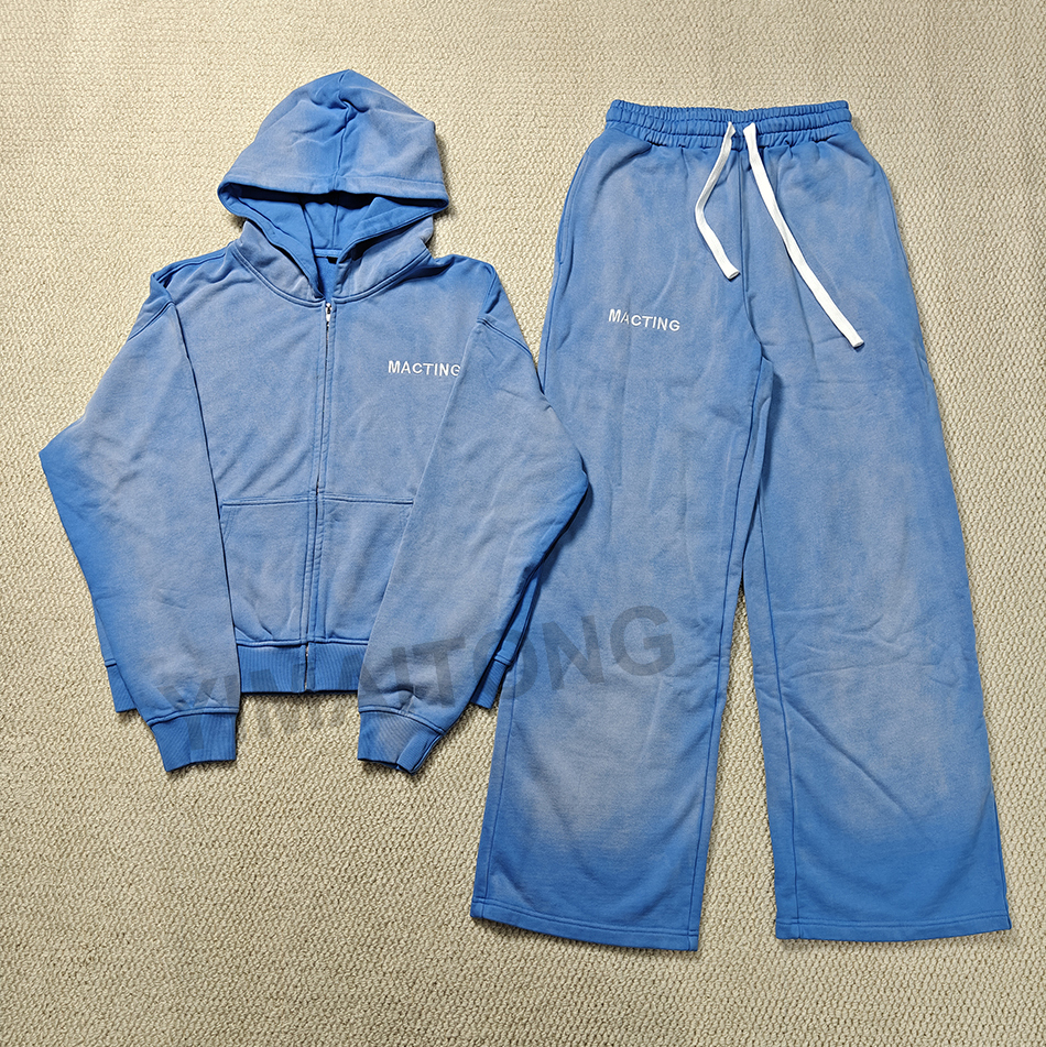 Custom Printed Eco-Friendly Streetwear Cotton Sun Faded Sweatsuit Baggy Acid Wash Spring Zip Hoodies Sweatpants Set Men's