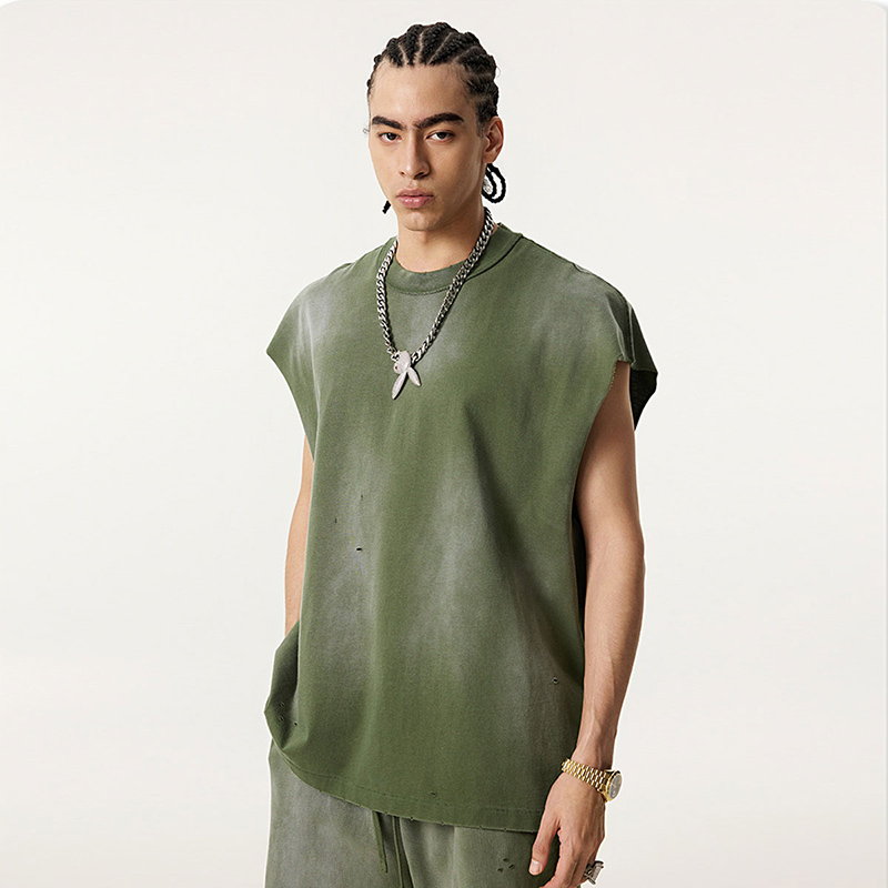 In Stock Ready to Ship Streetwear Blank Pre-Distressed Vintage Wash 285g 100% Cotton Heavyweight Button Breathable Tank Top