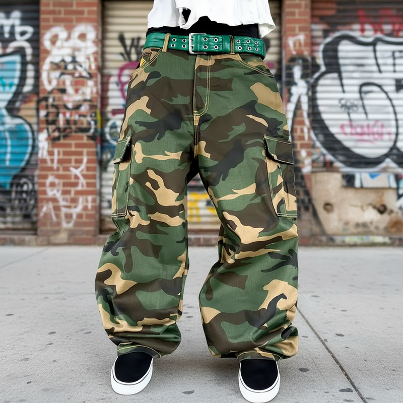 Men's Custom-Made Cotton Multi-Pocket Street-Style Loose-Fit Wide-Leg Casual Camouflage Pants, Carpenter Work Pants