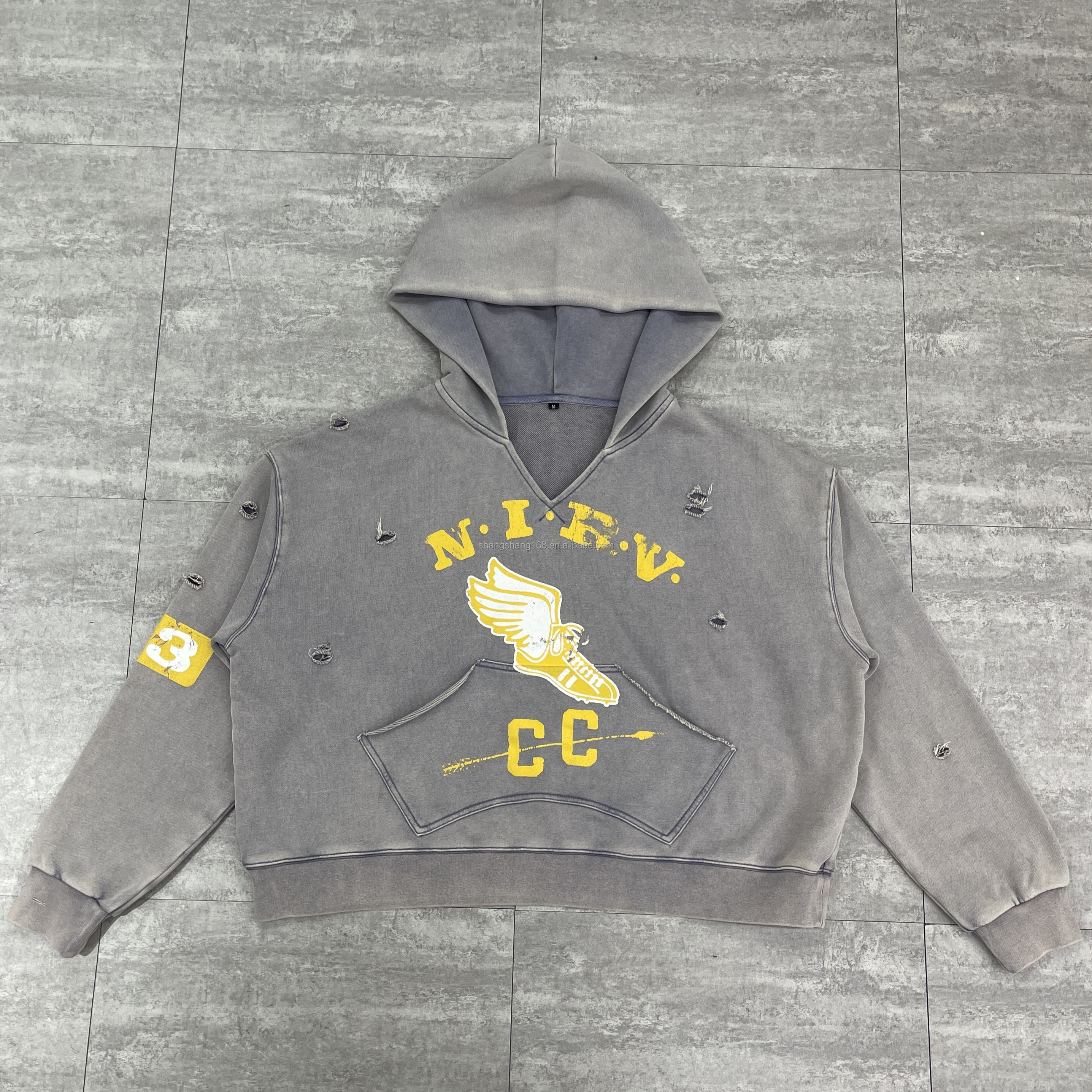 Custom High Quality French Terry Cotton Heavyweight Boxy Screen Print Vintage Stone Acid Wash V-neck Distressed Cropped Hoodies
