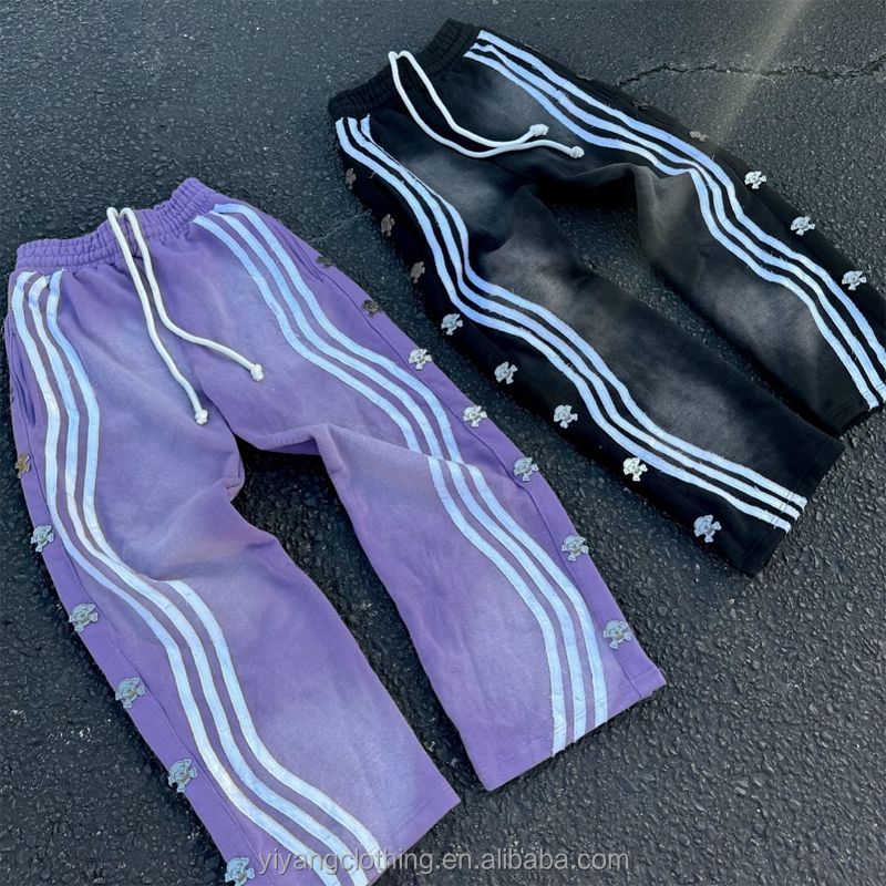 Custom Streetwear Vintage Acid Wash Stripe Heavyweight Cotton Jogger Track Pants Men Sunfaded Wide Leg Baggy Sweatpants