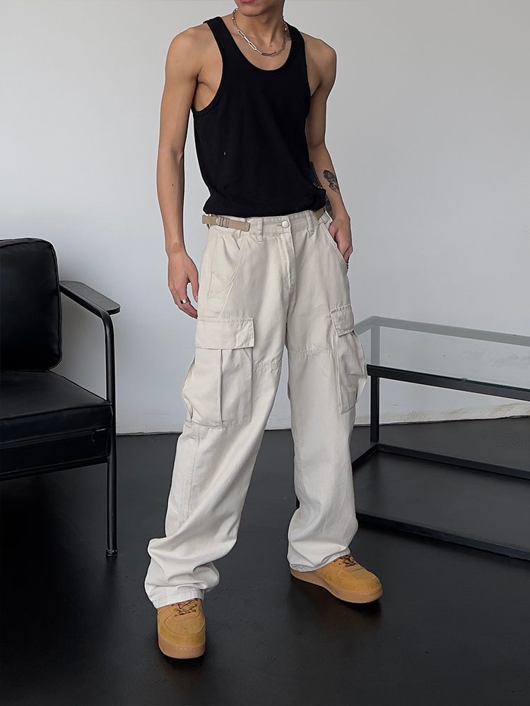 European American Street Fashion High Street Loose Straight Large Pocket Canvas Cargo Pants Vintage Unisex High Waist Slimming