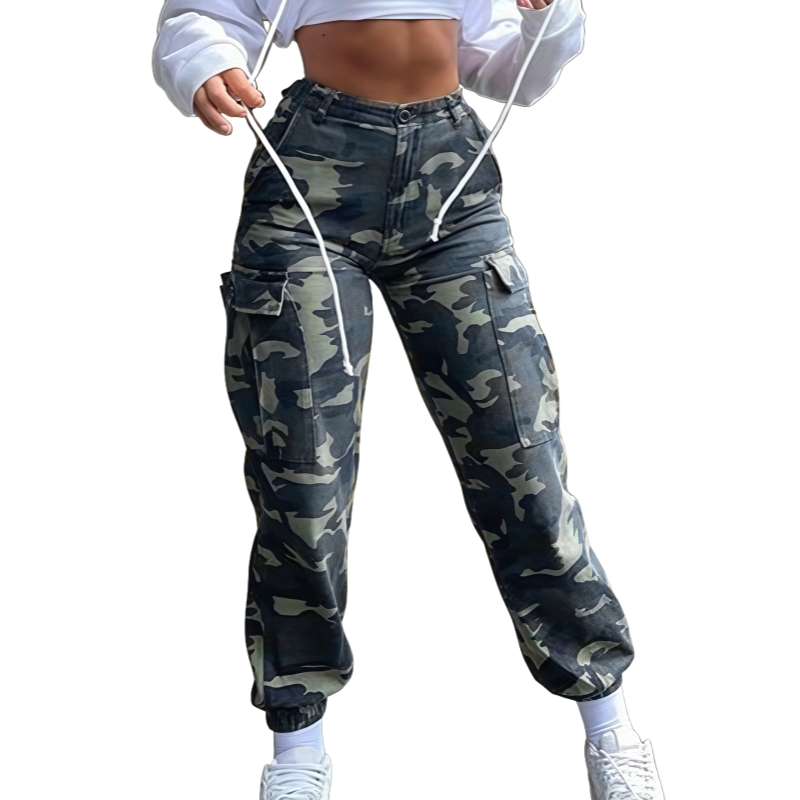 Women's High Waist Regular Fit Breathable Sweat Jogger Cargo Pants Camo Print Washed Technique Flat Front Street Casual Pant