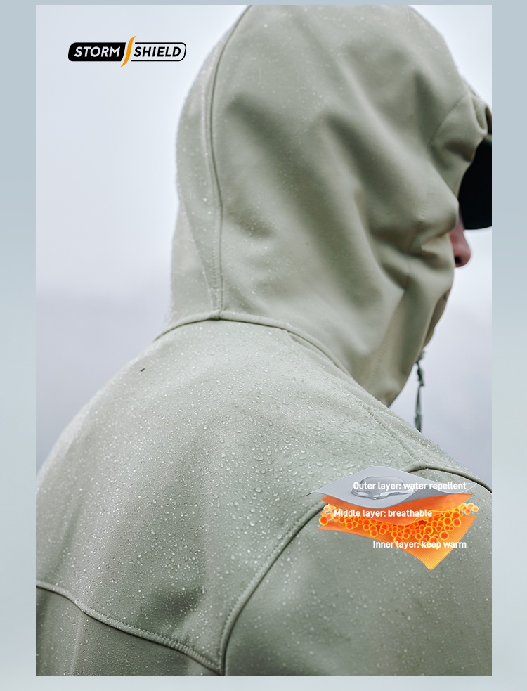 Men's Autumn Casual Softshell Jacket Outdoor Fleece-Lined Windproof Water-Repellent Hooded Coat With Zipper Closure for Hiking
