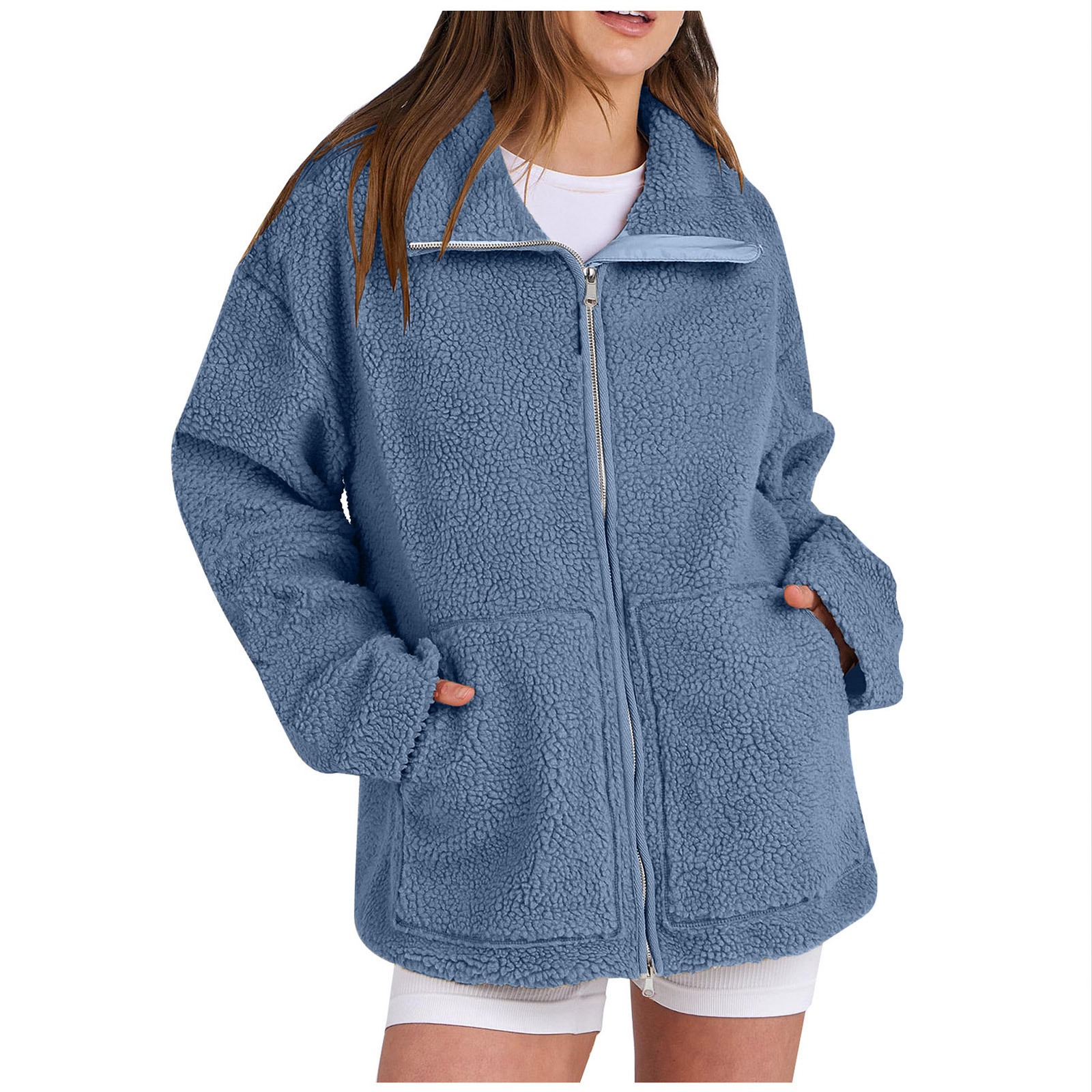 Women's Winter Fleece Turtleneck Coat Solid Color Warm Zipper Jacket Windproof and Sustainable