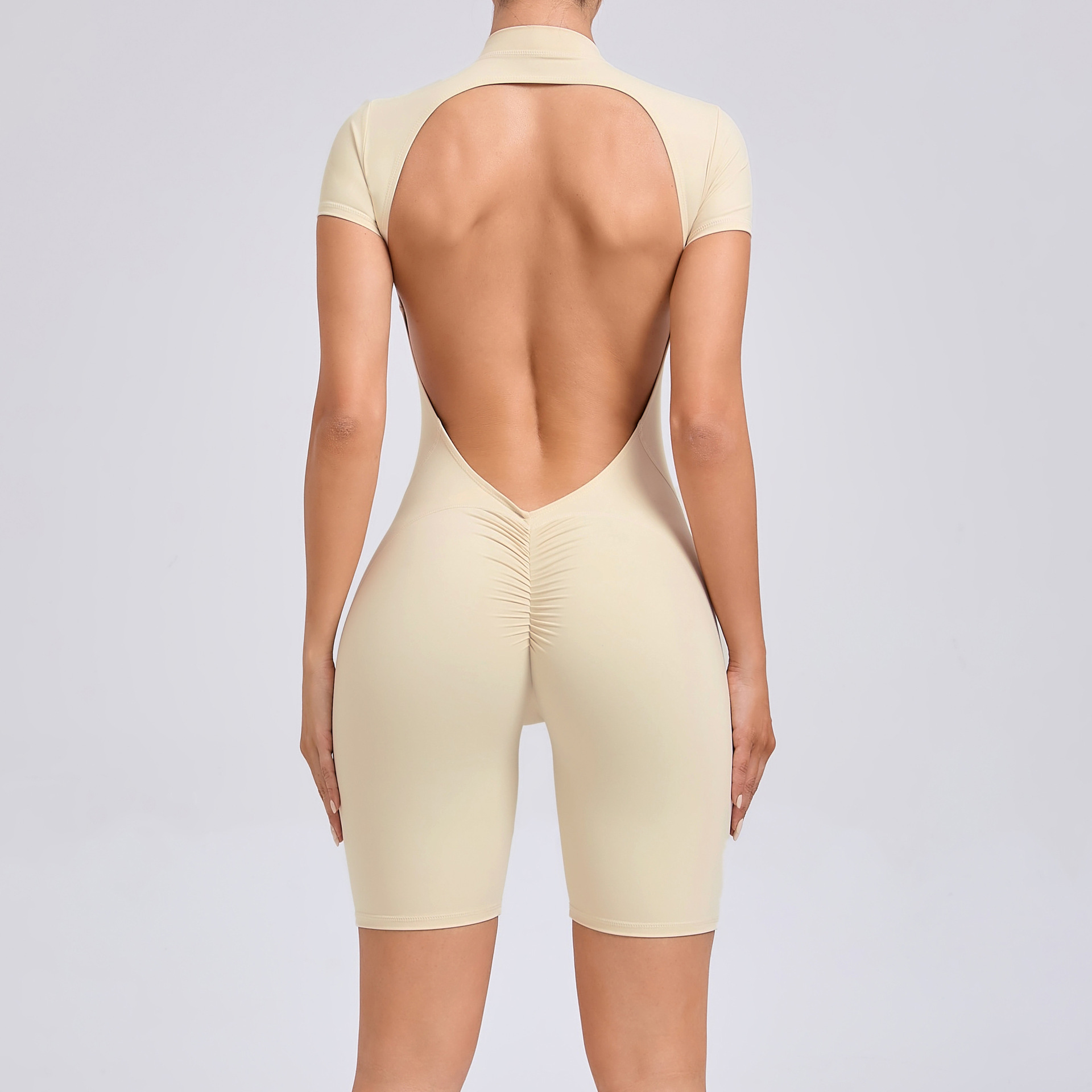 80150 Casual Sexy Slim Skinny Backless Sport Romper Bodysuit Short-Sleeved and Solid Color for Autumn