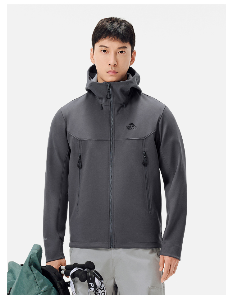 Men's Autumn Casual Softshell Jacket Outdoor Fleece-Lined Windproof Water-Repellent Hooded Coat With Zipper Closure for Hiking