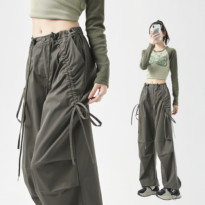 2025 Women's Retro Long Cargo Pants High Waist Loose Bowknot Elastic Closure Flat Casual Sports Hiking 100% Polyester Autumn