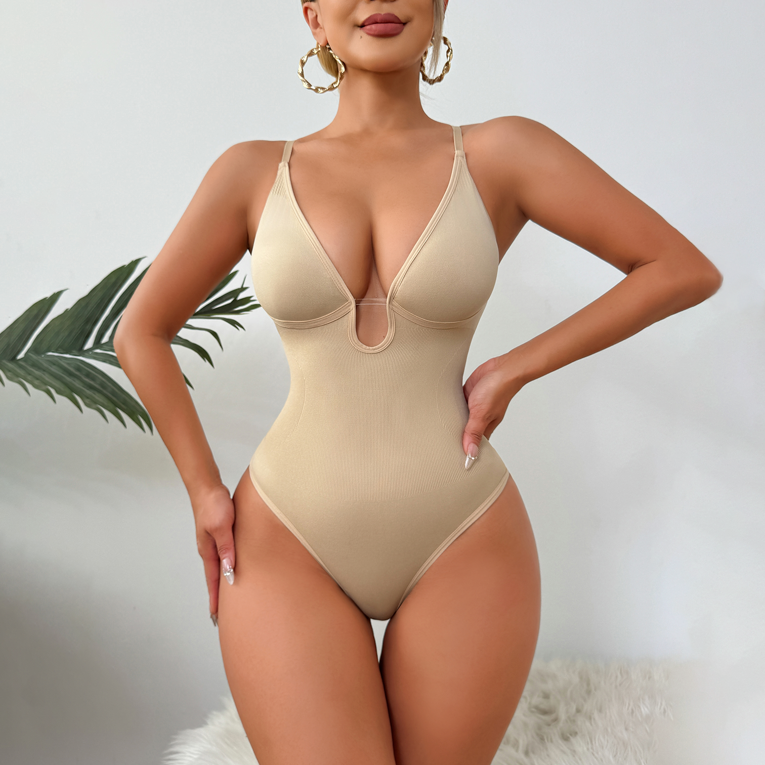 Ladies Seamless Shapers Daily One-Piece Body Suit Deep V-Neck Strap Breathable Nylon Corsets Supply Bodysuit