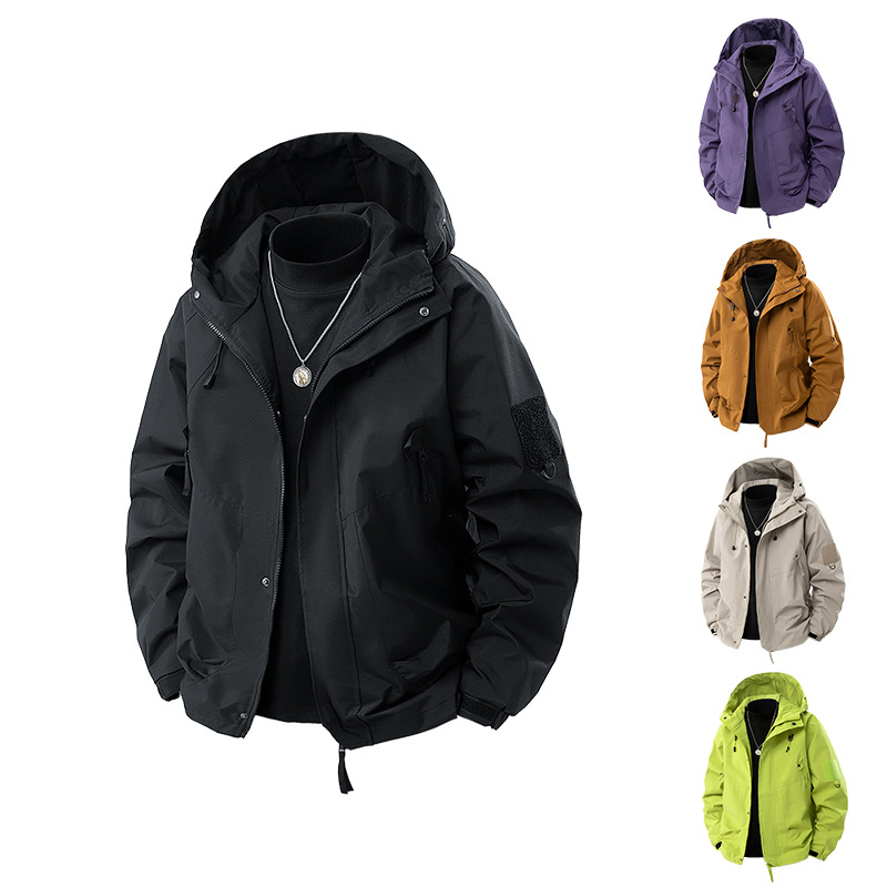 2025 Spring Autumn Trendy Brand Workwear Hood Unisex Shearing Patchwork Windbreaker Jacket Teenagers Loose Fit Windproof