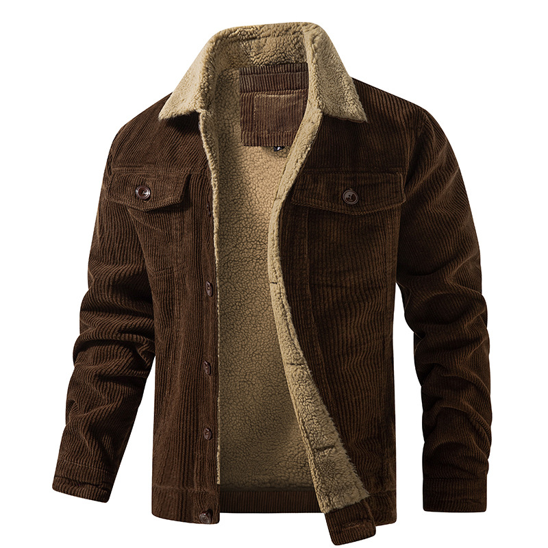 2022 Winter Men's Custom Sherpa Lining Corduroy Car Jacket Comfortable Stand Collar Trucker Jacket with Coating Wholesale