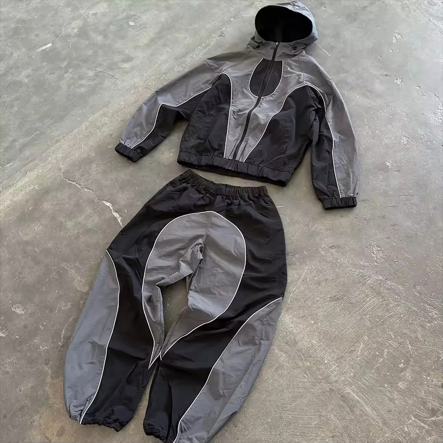 OEM Clothing Manufacturers Custom Waterproof Polyester Nylon Windbreaker Tracksuits Zip up Jacket Hoodies and Shorts Set