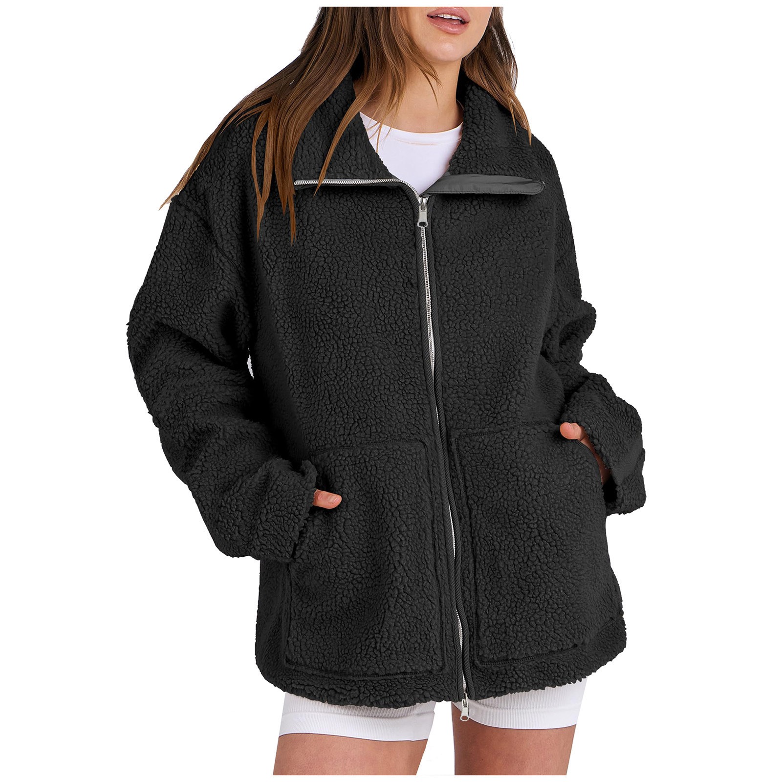 Women's Winter Fleece Turtleneck Coat Solid Color Warm Zipper Jacket Windproof and Sustainable