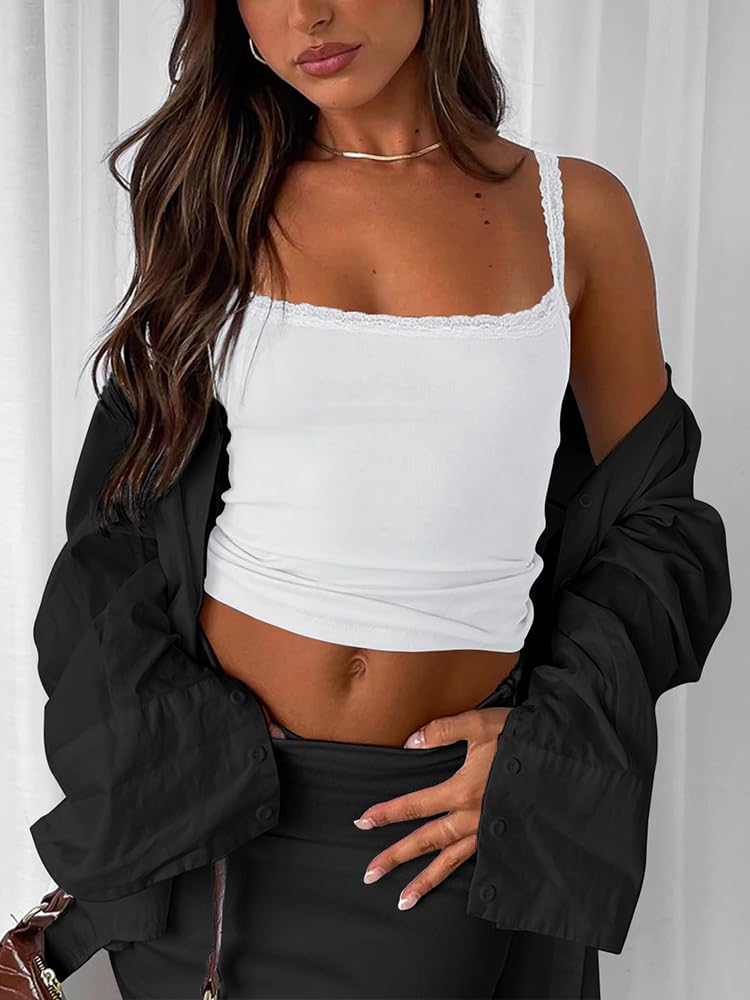 Sleeveless Camisole Tank Tops for Women Y2K Spaghetti Strap Lace Trim Slim Fit Basic Cami Shirts Women Sleeveless Tank Top
