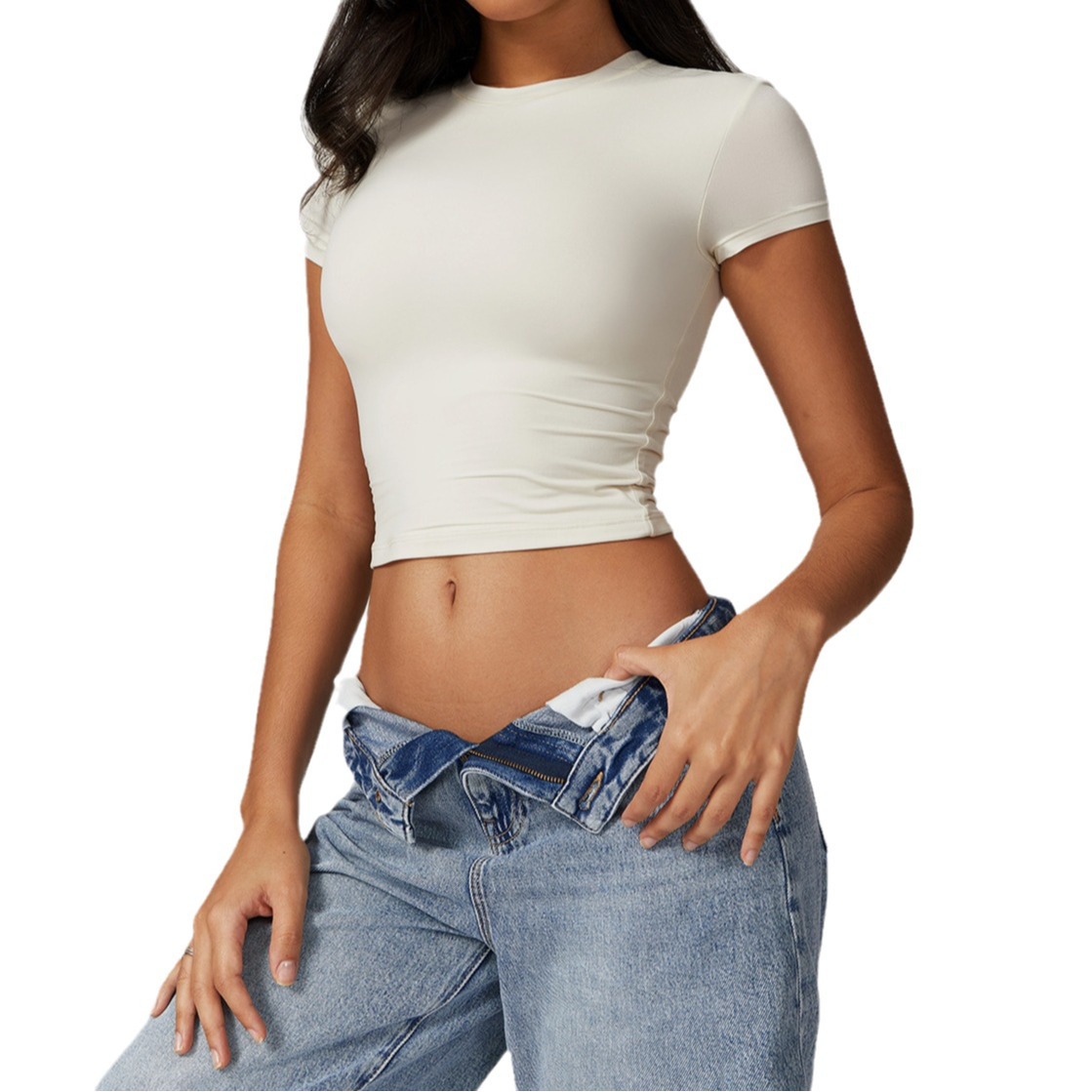 Women's Crop Tops Crew Neck Shorts Sleeve Stretch Fitted Shirts Crop Tops Women's T-shirts