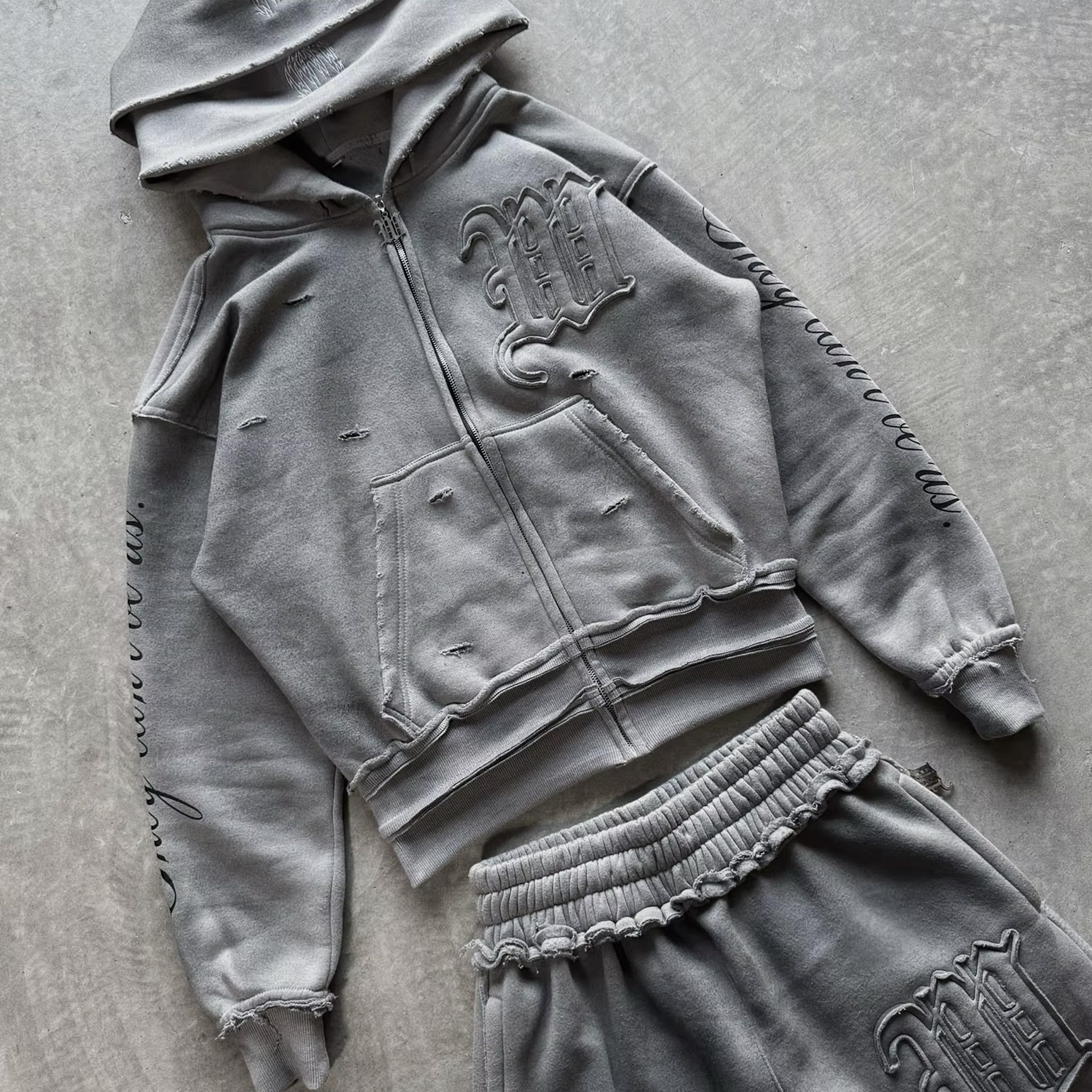 Streetwear Sweatpants And Hoodie Set 100% Cotton Double Layered Wash Hoodie Heavyweight Distressed French Terry Mens Tracksuits