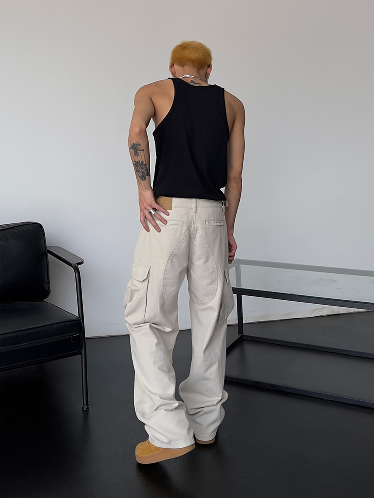 European American Street Fashion High Street Loose Straight Large Pocket Canvas Cargo Pants Vintage Unisex High Waist Slimming