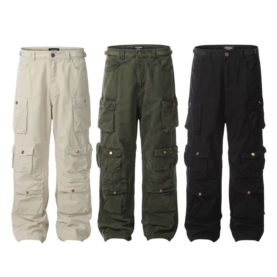 11KN Retro Straight-leg Cargo Pants Neutral High-quality Custom Multi-pocket Loose Slimming Pile Street Pure Cotton Casual Pants
