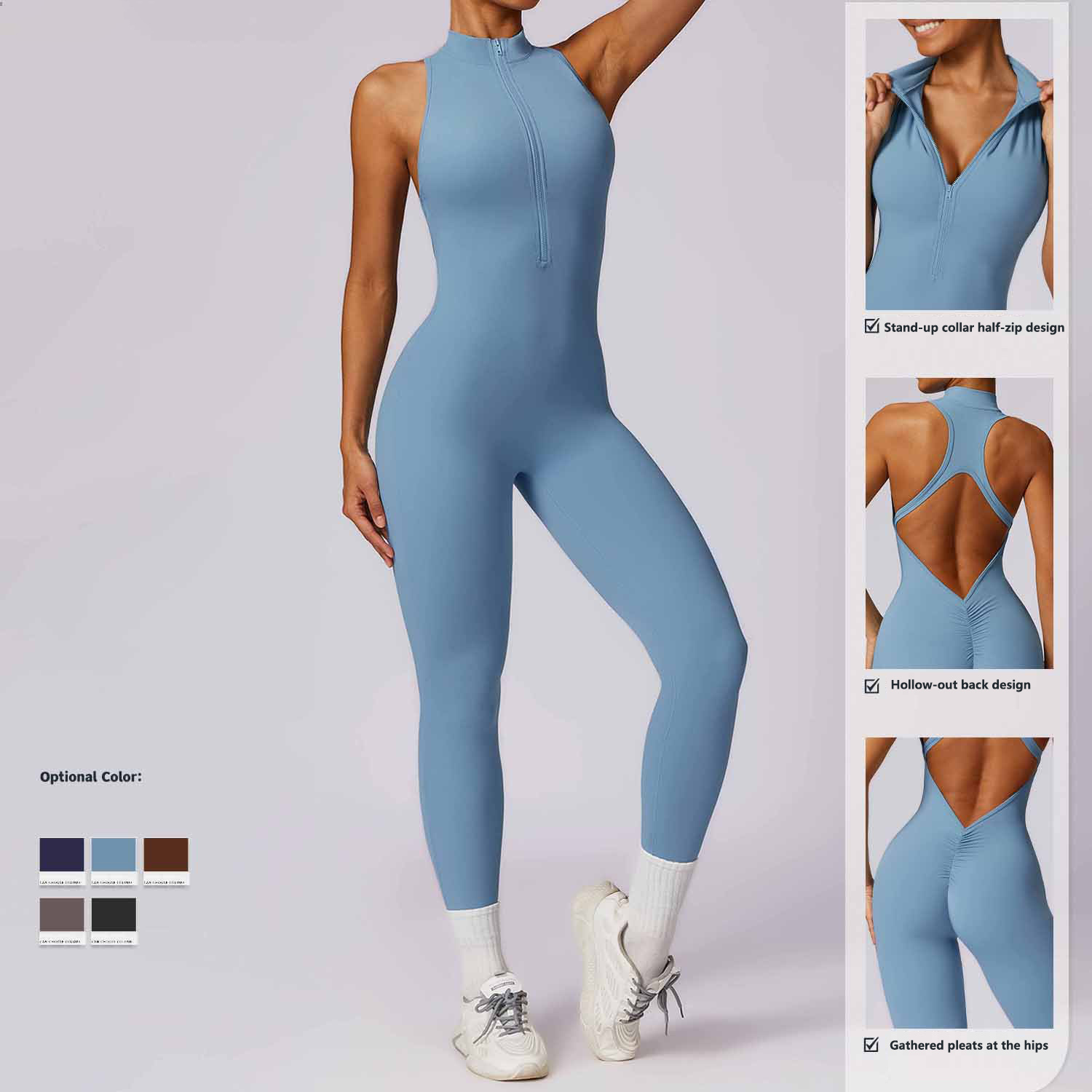 Wholesale High Quality Beautiful Back Hollow Pleated Hip Gym Fitness Sportswear Bodysuit Stand Collar Half Zipper Yoga Jumpsuit