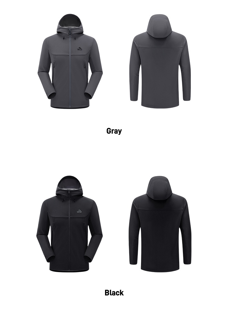 Men's Autumn Casual Softshell Jacket Outdoor Fleece-Lined Windproof Water-Repellent Hooded Coat With Zipper Closure for Hiking