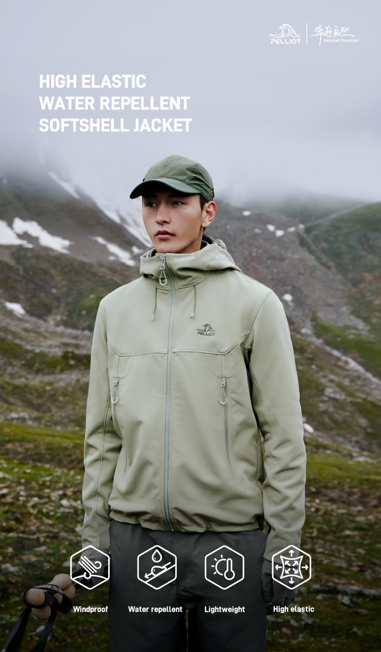Men's Autumn Casual Softshell Jacket Outdoor Fleece-Lined Windproof Water-Repellent Hooded Coat With Zipper Closure for Hiking