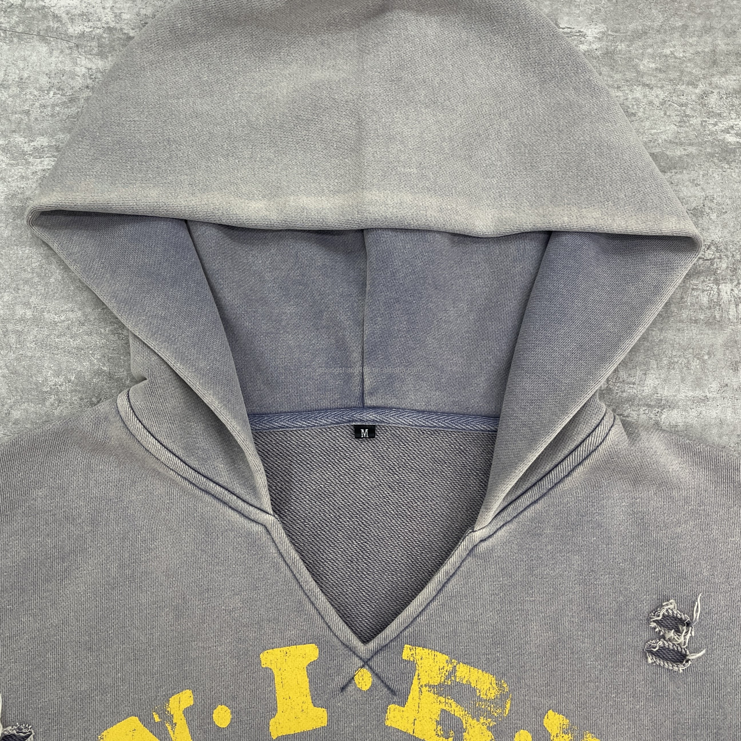 Custom High Quality French Terry Cotton Heavyweight Boxy Screen Print Vintage Stone Acid Wash V-neck Distressed Cropped Hoodies