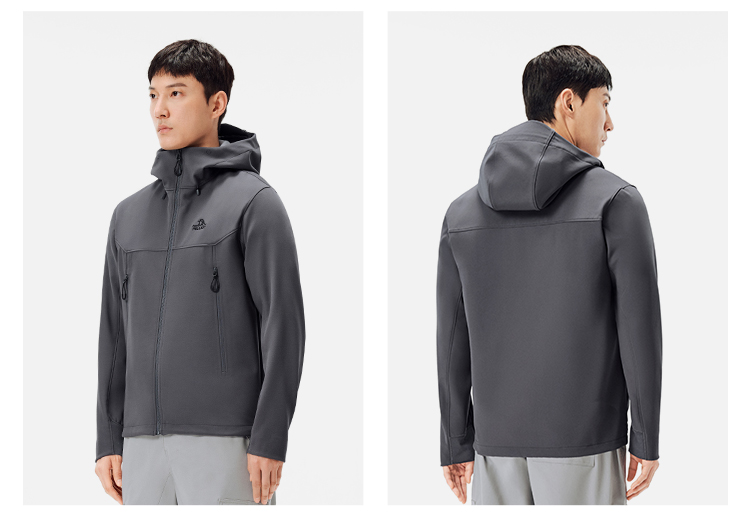 Men's Autumn Casual Softshell Jacket Outdoor Fleece-Lined Windproof Water-Repellent Hooded Coat With Zipper Closure for Hiking