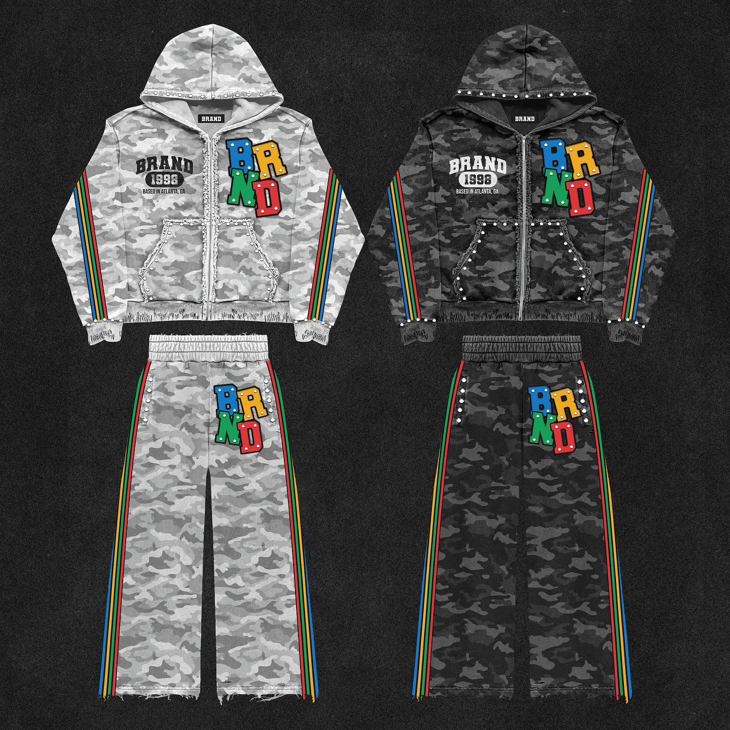Custom Men's Rhinestone Zip Up Boxy Camo Hoodie Sweatpants Set Cotton Streetwear Embroidered Oversized Distressed Hoodie