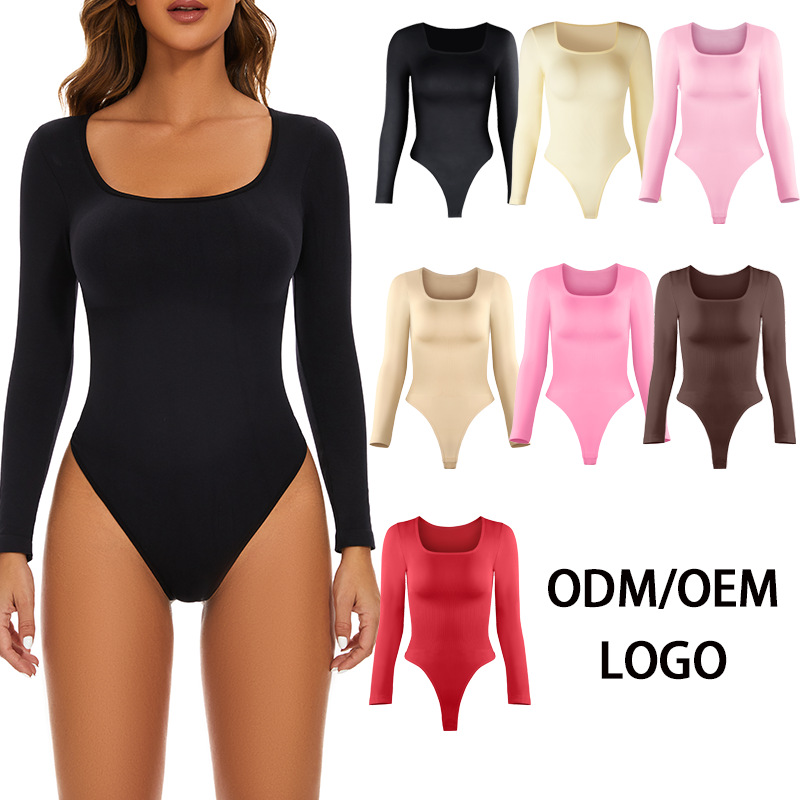 Hot Sale Bestseller Nylon Button Square-Neck Seamless Long Sleeve Slimming Bodysuit For Party Wedding Club Daily Wear