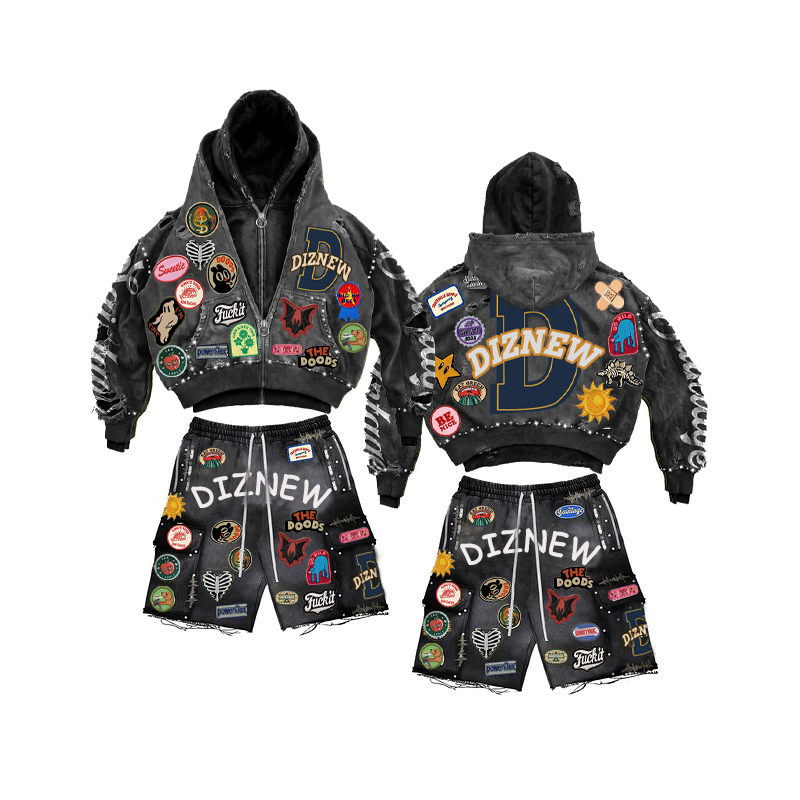 DiZNEW Mens Summer 2026 Short Sets With Designs Custom Designer High Quality Rhinestone Hoodie Cotton Shorts Sets For Men