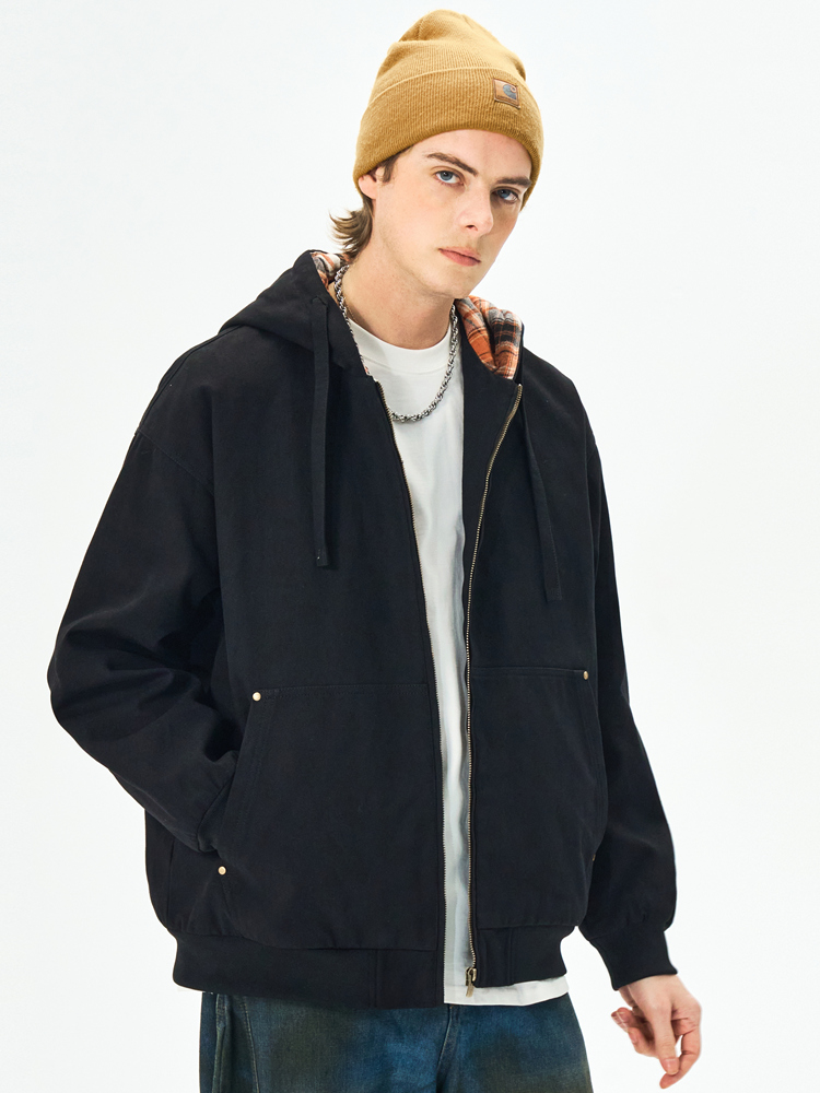 Casual Hooded Outdoor Knitted Fleece Jacket Breathable Unisex Cotton Zipper Closure Versatile Autumn Season Front Logo Worsted