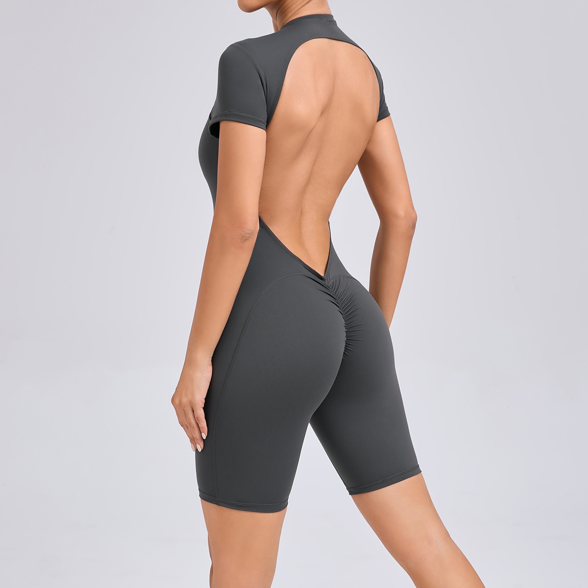 80150 Casual Sexy Slim Skinny Backless Sport Romper Bodysuit Short-Sleeved and Solid Color for Autumn