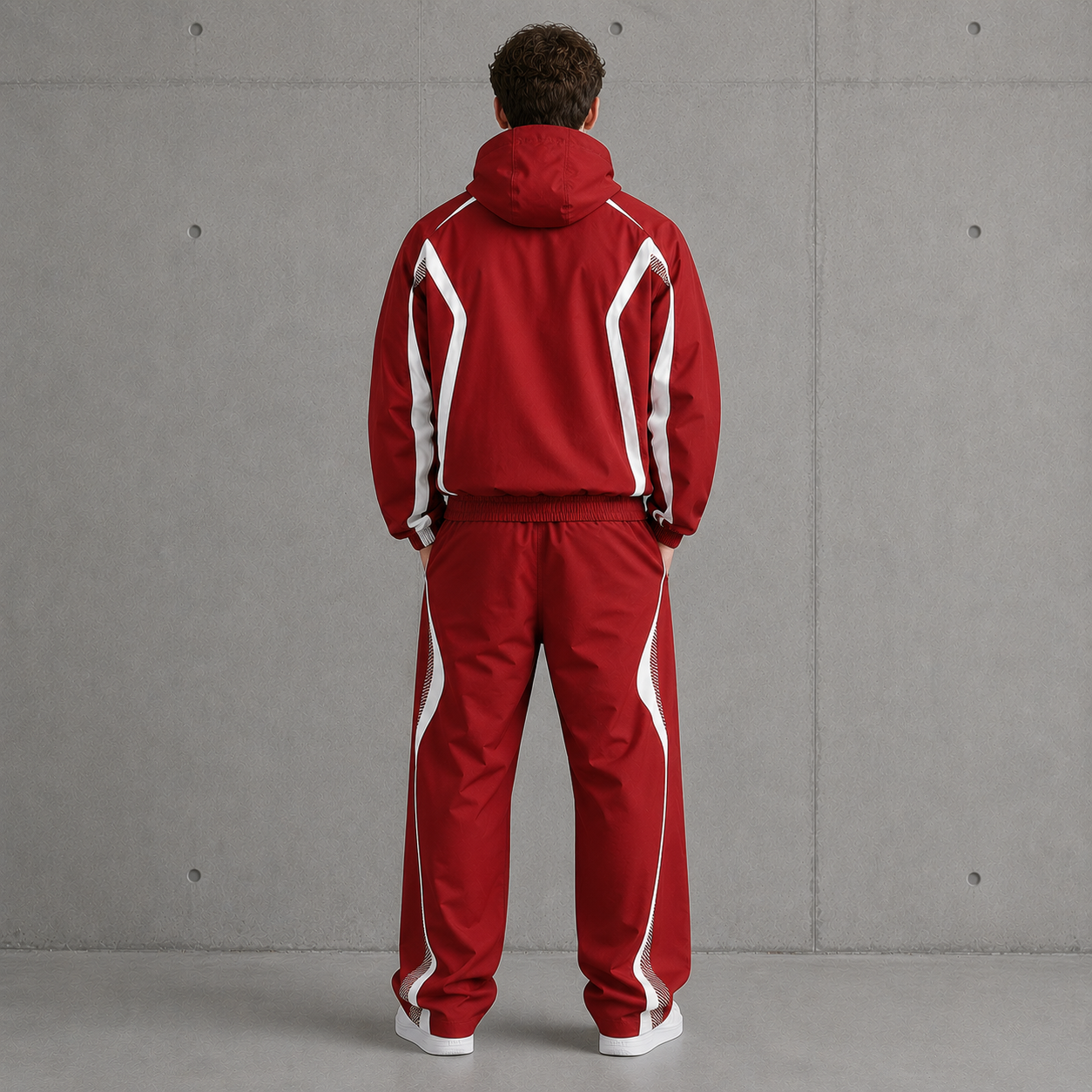100GSM Nylon Twill Windproof Color Block Panel Splicing Adjustable Drawstring Hood Streetwear Men Tracksuit Model Side View