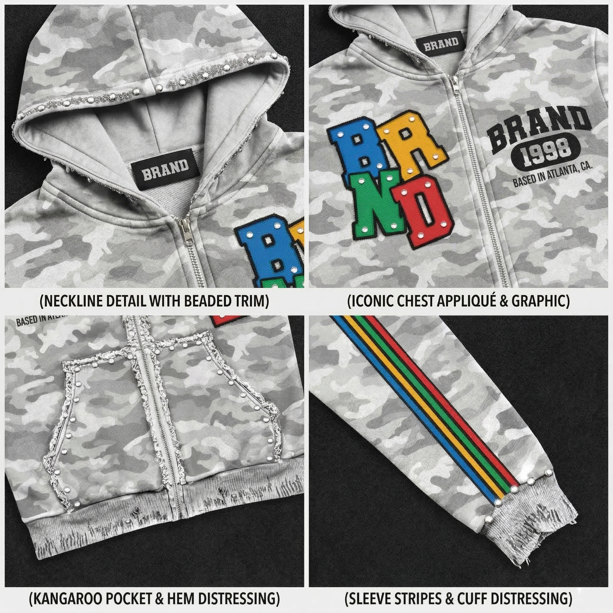 Custom Men's Rhinestone Zip Up Boxy Camo Hoodie Sweatpants Set Cotton Streetwear Embroidered Oversized Distressed Hoodie