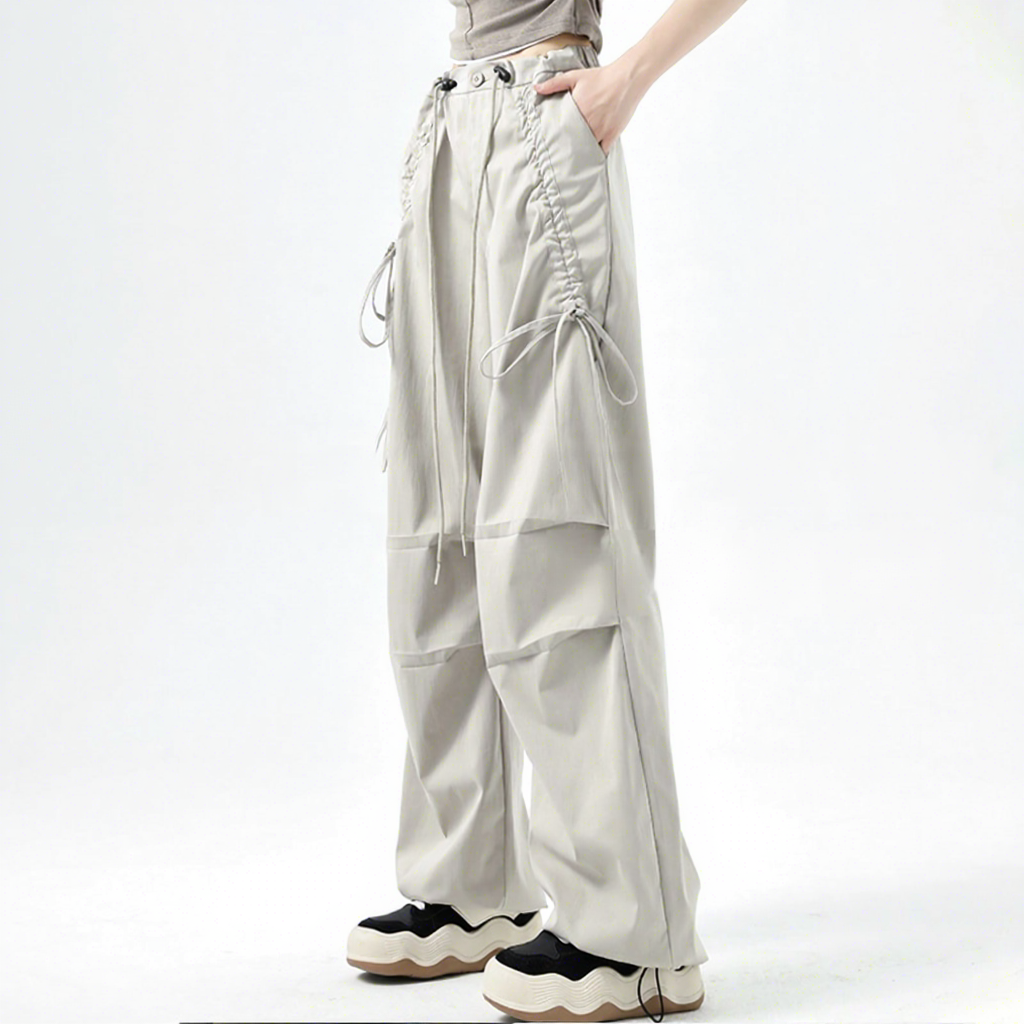 2025 Women's Retro Long Cargo Pants High Waist Loose Bowknot Elastic Closure Flat Casual Sports Hiking 100% Polyester Autumn