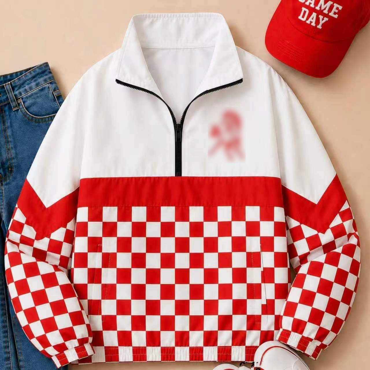 Loveda Custom Vintage Team Logo 1/4 Zip Windbreaker Checkered Leopard Print Long Sleeve Quarter Zip Jacket Embroidered Pullover