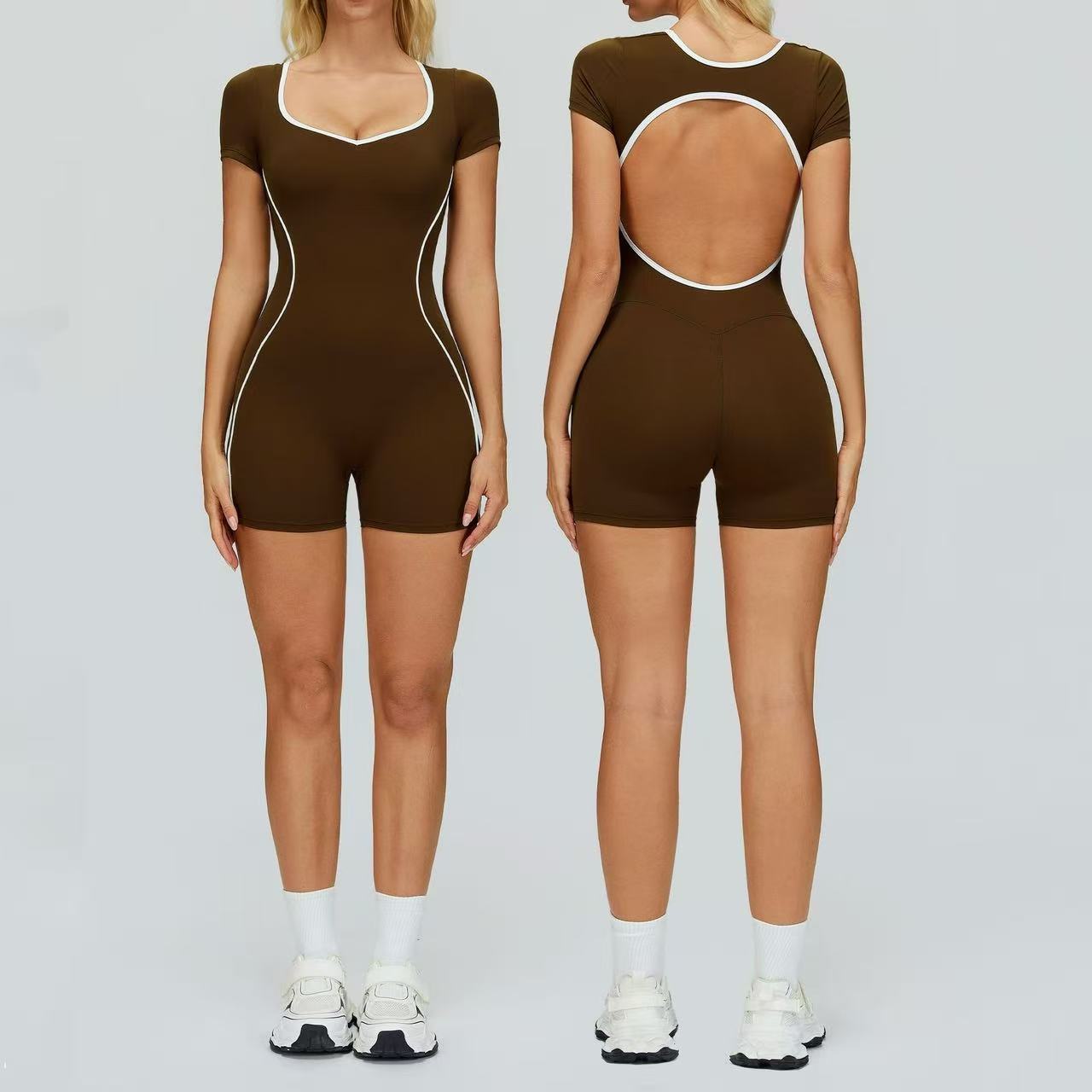 YanRuo Comfortable Short-sleeved Bodysuit Yoga Suit Made of Nylon and Spandex Material Sports Bodysuit for Women