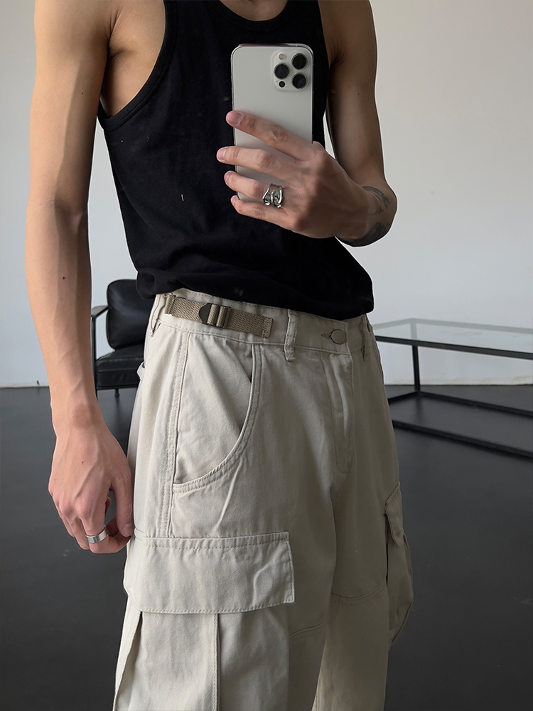 European American Street Fashion High Street Loose Straight Large Pocket Canvas Cargo Pants Vintage Unisex High Waist Slimming