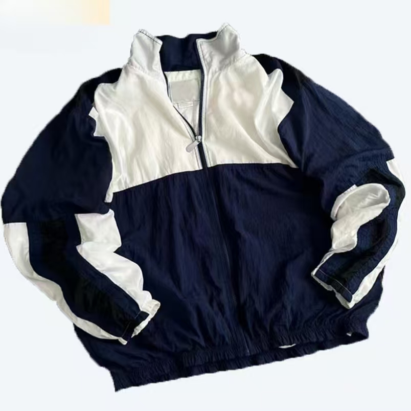 Custom Men's Vintage Street Windbreaker Jacket Oversized Black White Contrast with Stand Collar Front Logo Polyester Zipper