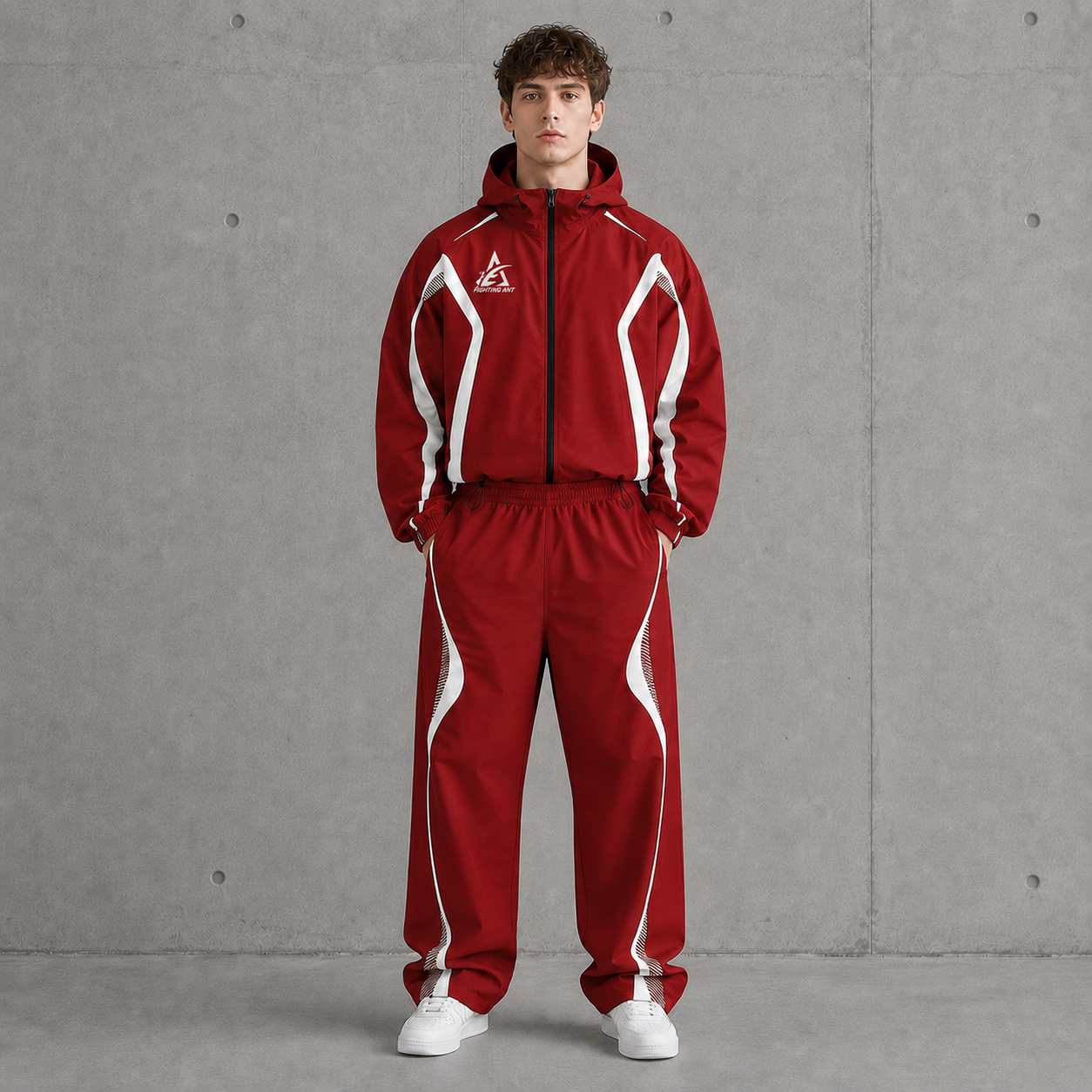 100GSM Nylon Twill Windproof Color Block Panel Splicing Adjustable Drawstring Hood Streetwear Men Tracksuit Model Fit View