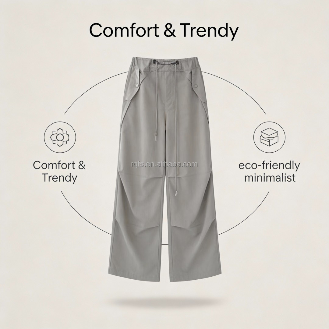 2025 High Quality Women Breathable Summer Vintage Mid Flat Cargo Pants Drawstring Big Pockets Straight Loose Comfortable Jogger