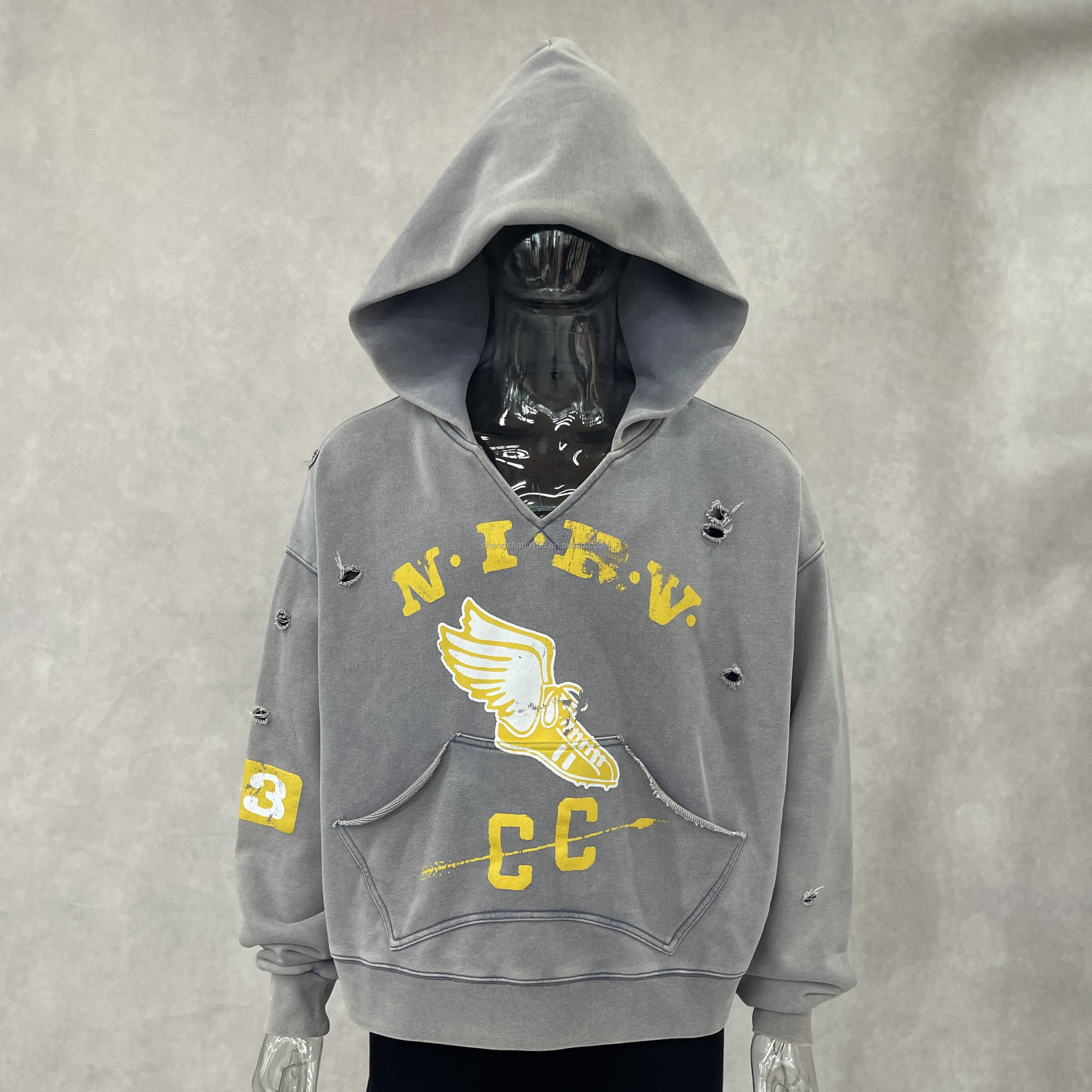 Custom High Quality French Terry Cotton Heavyweight Boxy Screen Print Vintage Stone Acid Wash V-neck Distressed Cropped Hoodies