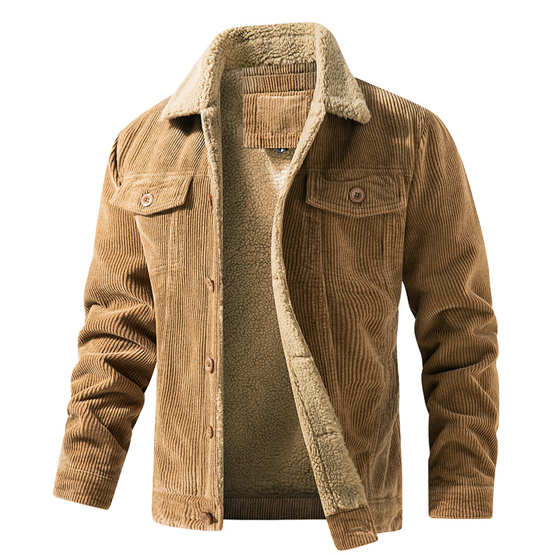 2022 Winter Men's Custom Sherpa Lining Corduroy Car Jacket Comfortable Stand Collar Trucker Jacket with Coating Wholesale