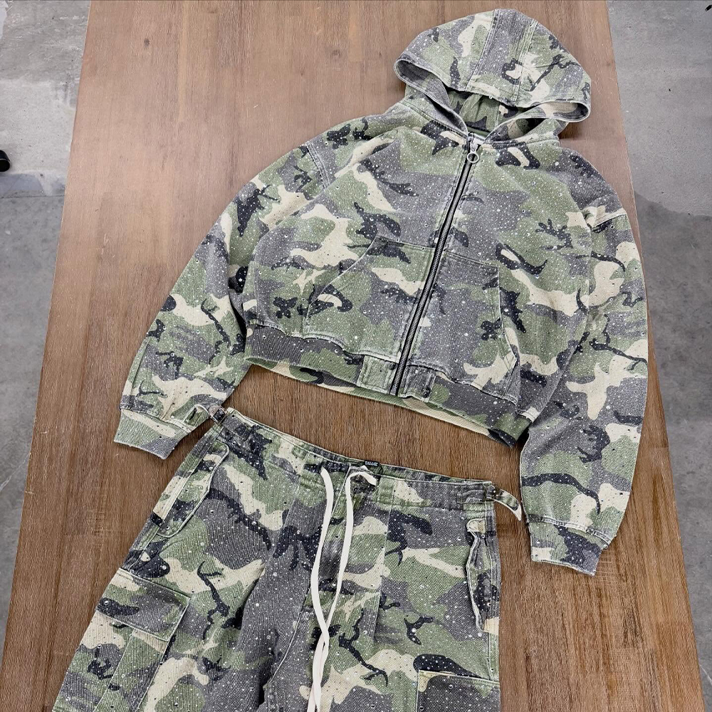 OEM Terry 400gsm 100% Cotton Tracksuits For Men Comfortable Streetwear Tracksuits Character Allover Camo Rhinestone Men's Sets