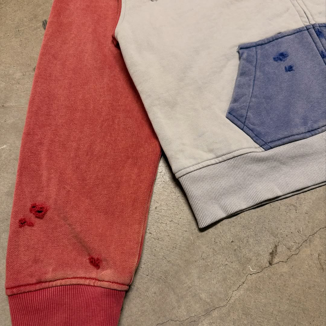 QYOURECLO Custom Distressed Washed Color Block Thick Cotton Hoodies Men Screen Printed Oversized Zip Up Hoodie
