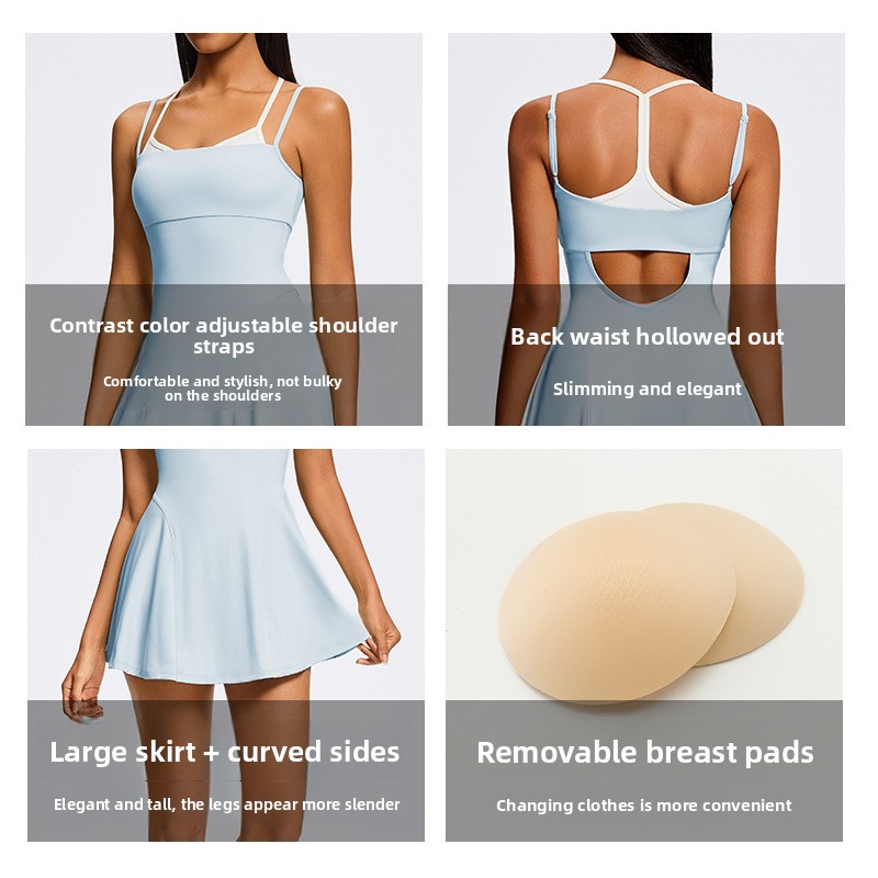New Women's Seamless Spaghetti Strap Full Length Tennis Skirt Sports Bodysuit Pockets Quick-drying Breathable Spandex/Nylon