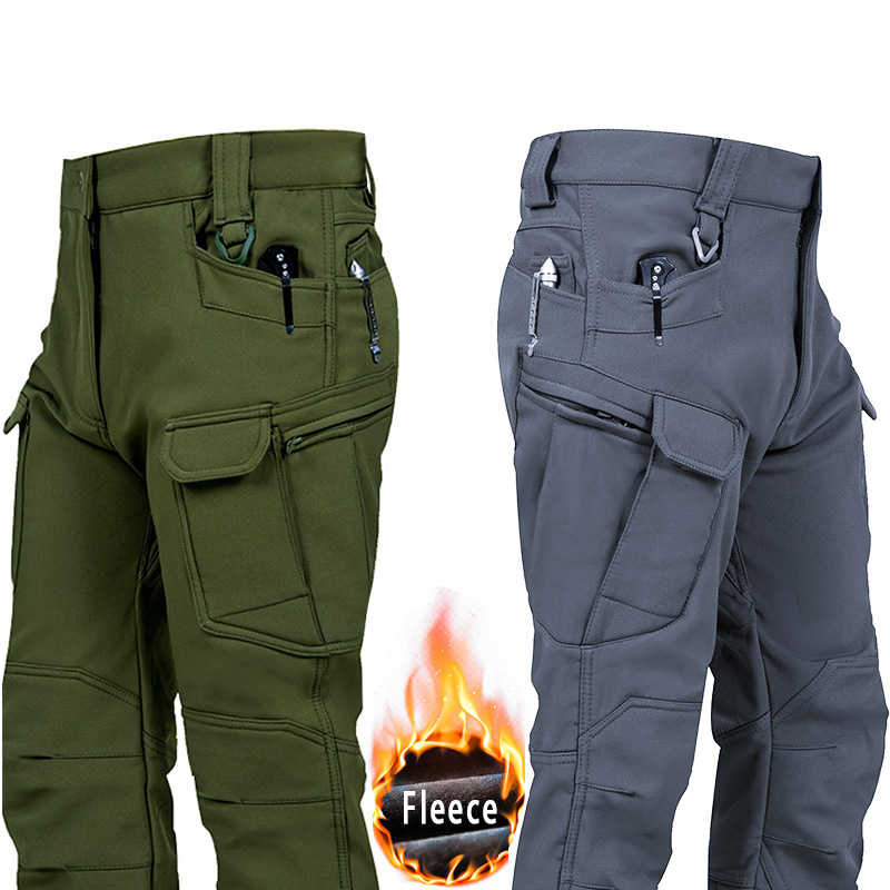 Men's Thermal Winter Hiking Fleece Lined Softshell Tactical Trousers Waterproof Windproof Outdoor Cargo Work Pants for Men