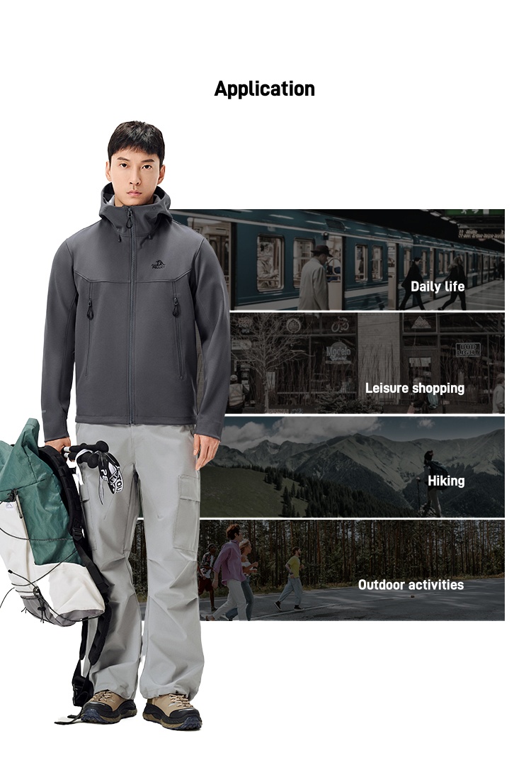Men's Autumn Casual Softshell Jacket Outdoor Fleece-Lined Windproof Water-Repellent Hooded Coat With Zipper Closure for Hiking