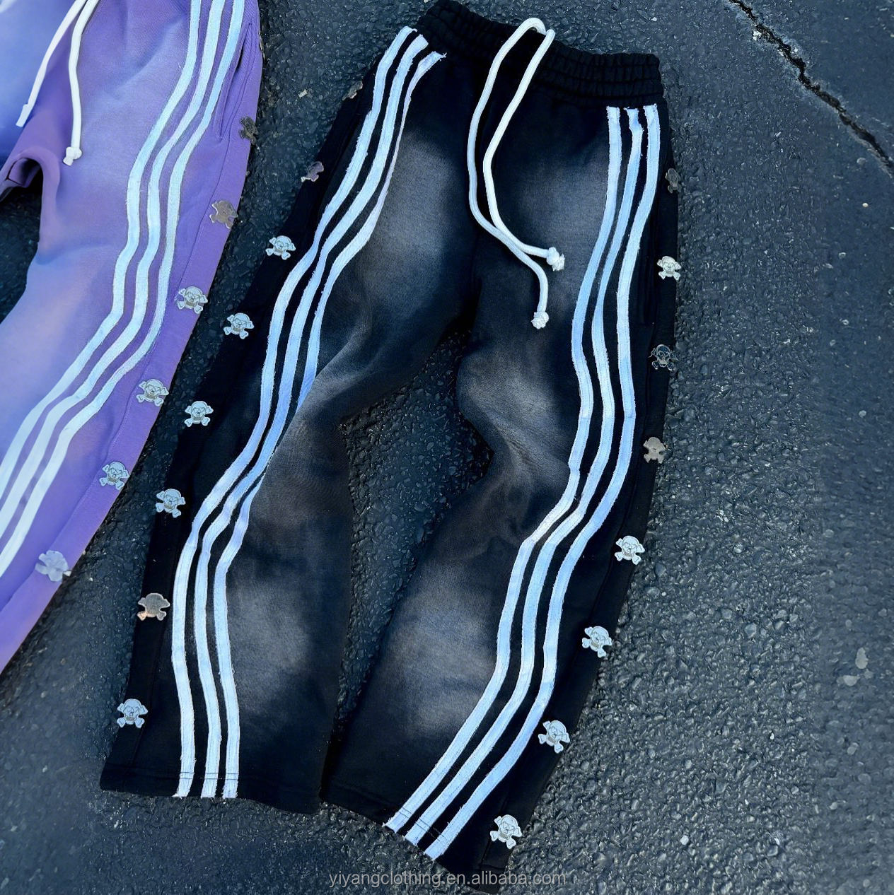 Custom Streetwear Vintage Acid Wash Stripe Heavyweight Cotton Jogger Track Pants Men Sunfaded Wide Leg Baggy Sweatpants